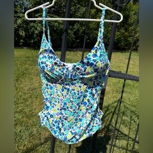 🆕 ANNE COLE Blue and Green One Piece Tankini Top with Floral Design Size XL
